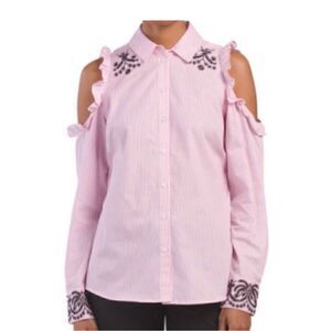 Nanette Lepore Cold Shoulder Pink Striped ButtonUp Top, Ruffled & Embroidered